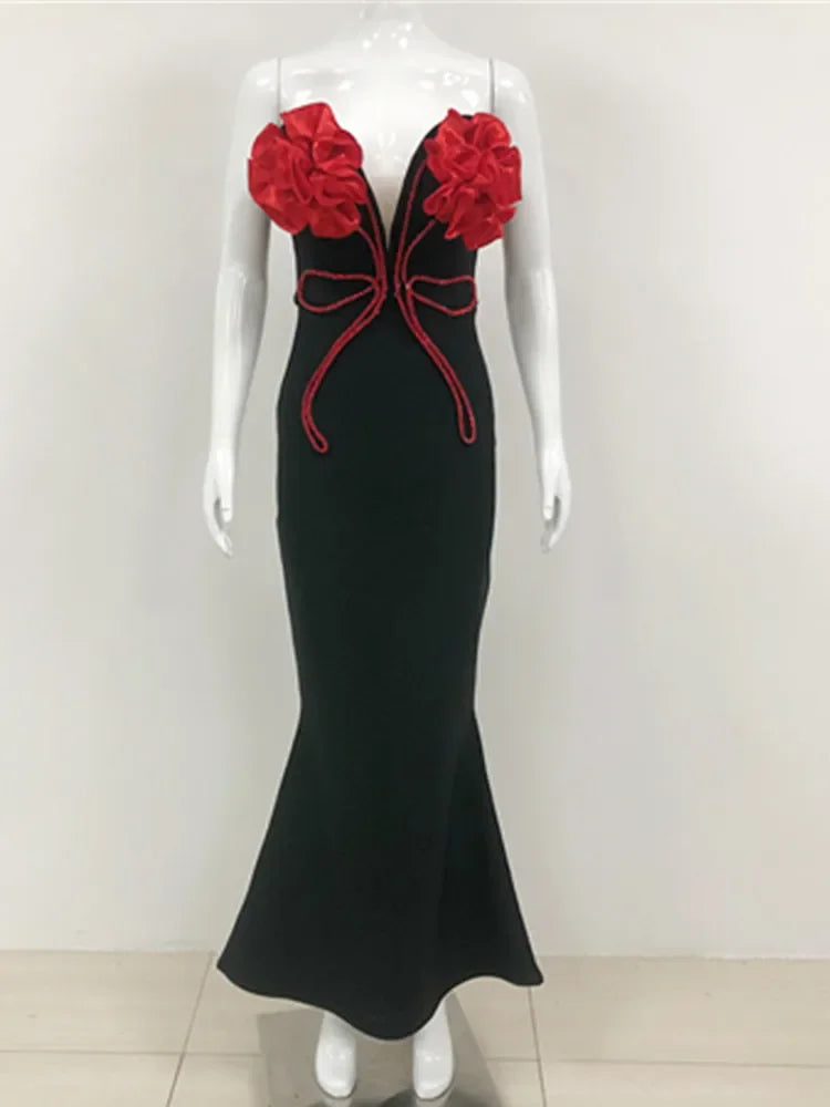 Babs Luxury Prom Gowns Women New Bandage Dress Strapless Red Appliques Balck Maxy Long Celebrity Evening Party Dresses