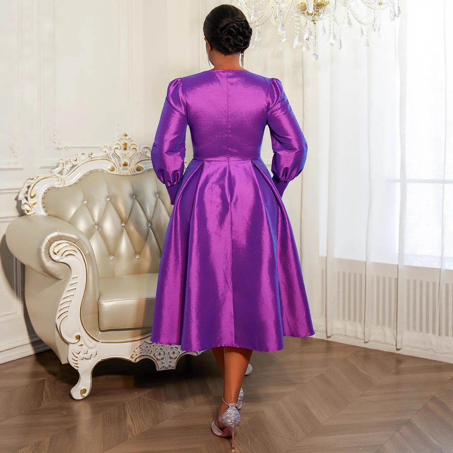 Maxy L-4XL Plus Size Dresses for Women Autumn Elegant Long Sleeve Purple Polyester Party Evening Midi Dress Ankara Dress
