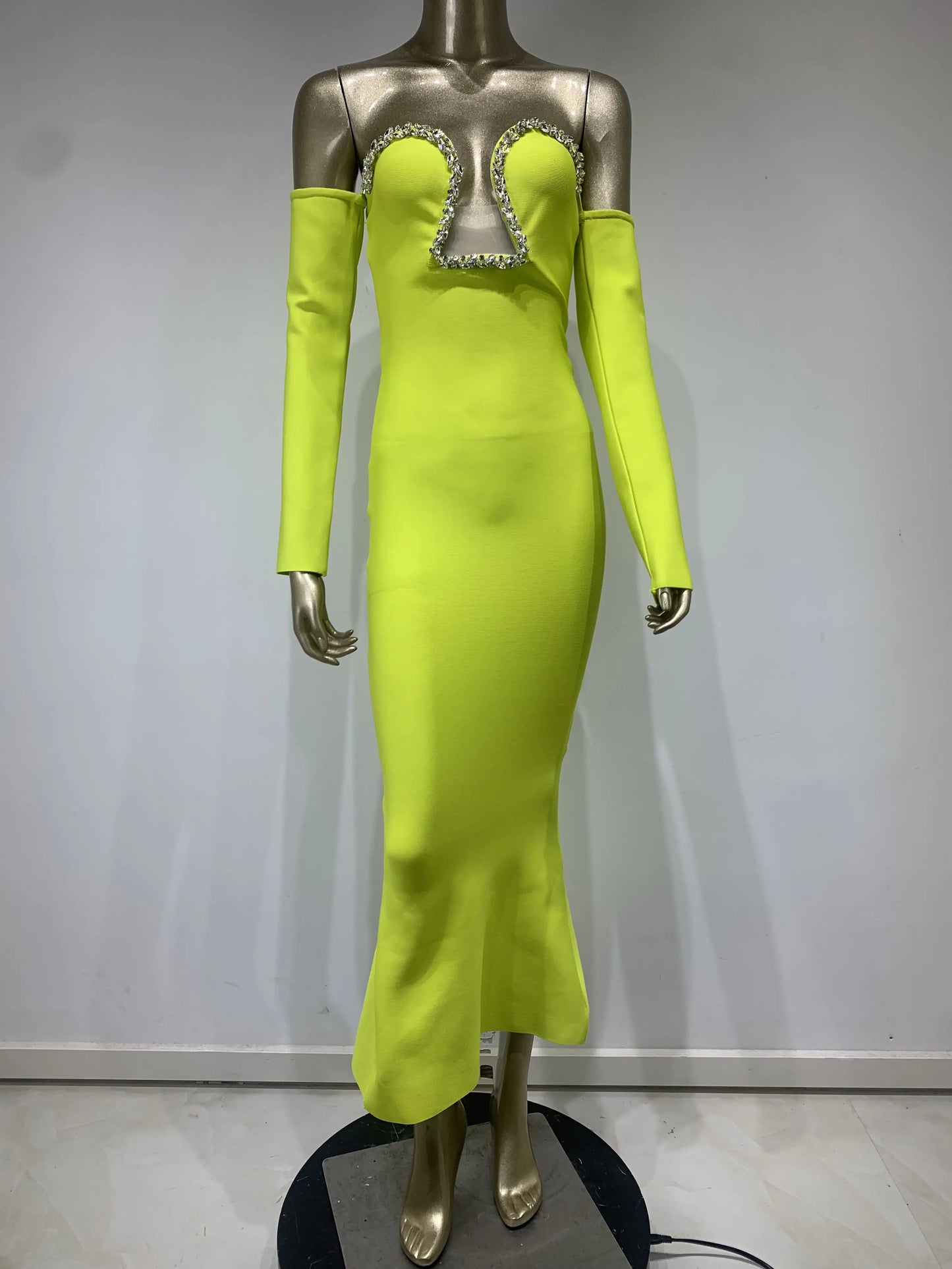 Maxy Neon Bandage Dress Party Evening Elegant Luxury Celebrity Women Off Shoulder Long Sleeve Crystal Long Birthday Gowns
