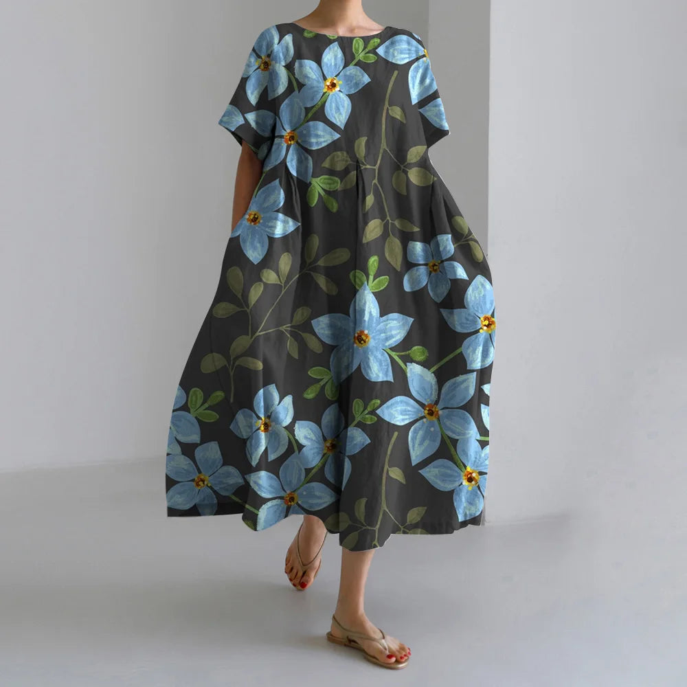 Maxy Summer New Bohemian Casual Dresses Vintage Women's Cotton Printed Dresses Womens Floral Long Dresses Round Neck Pullover Dresses