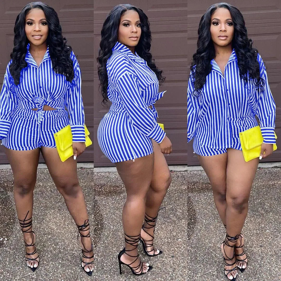 Maxy Summer Fashion Sporting Women set Striped Print Button Shirt Top Skinny Shorts Suit Two Piece Set Elegant Tracksuits