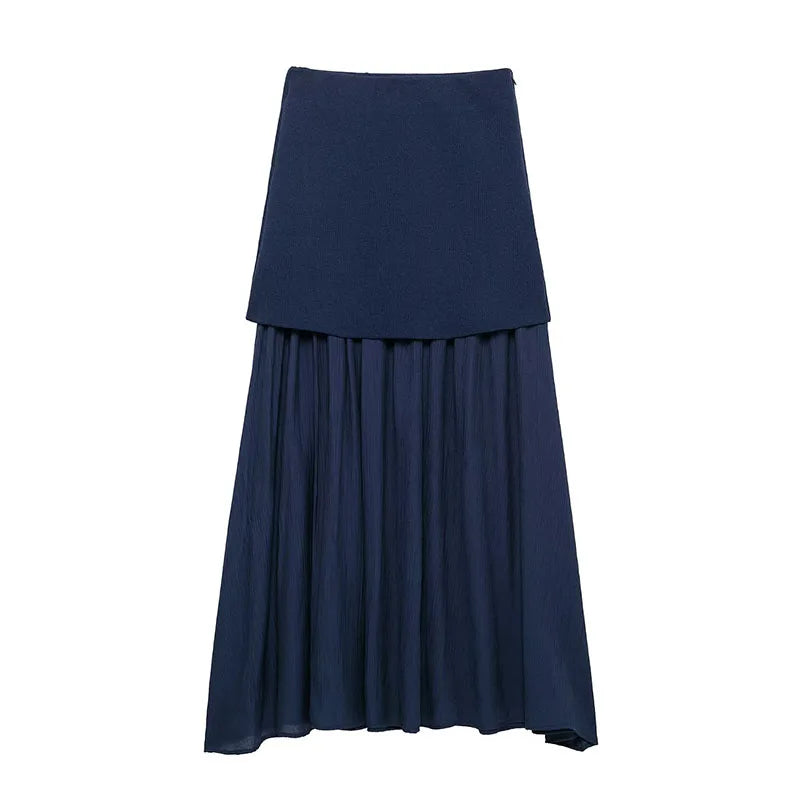TRAFZA Women 2 Piece Set V-Neck Sleeveless Button Knitted Vest Top+Elegant Splicing High Waist Zipper Long Skirts Holiday Suits