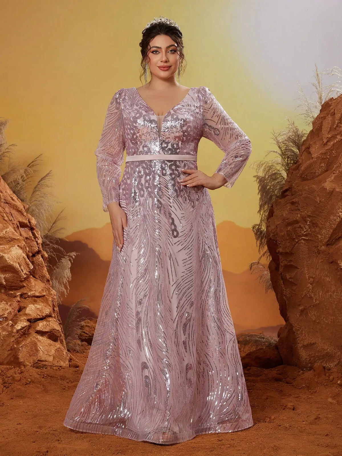 Maxy New Arrival V Neck Noble Large Size Evening Gown Dress Sequin Belt Long Dress