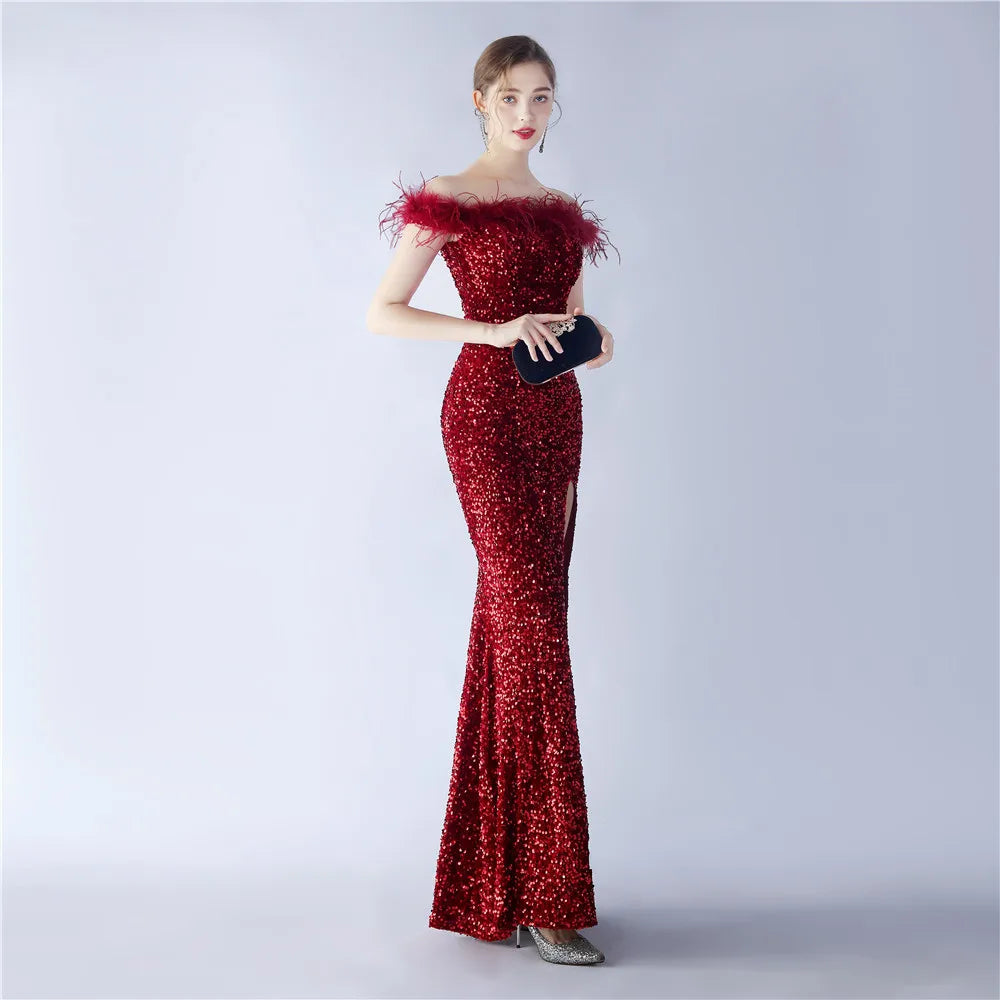 Maxy Evening Dress Burgundy Sequins Stretchy Off the Shoulder Feather Zipper Mermaid Trumpet Floor Length Women Party Formal Gowns