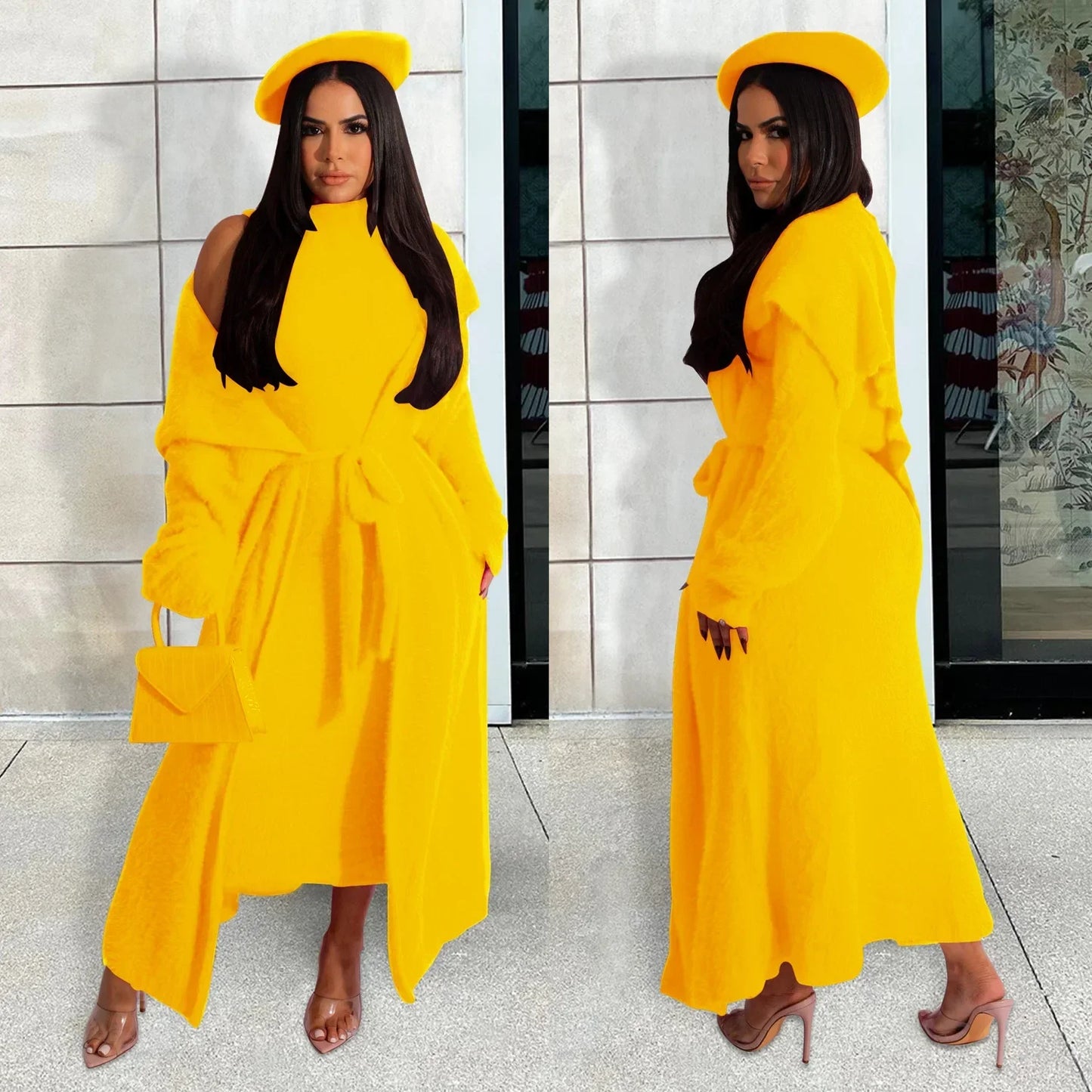 Maxy Women Dress Sets Two Piece Long Sleeve Round Neck Cardigan Solid Color Elastic Waist Casual Slim Fit Patchwork Autumn Belt
