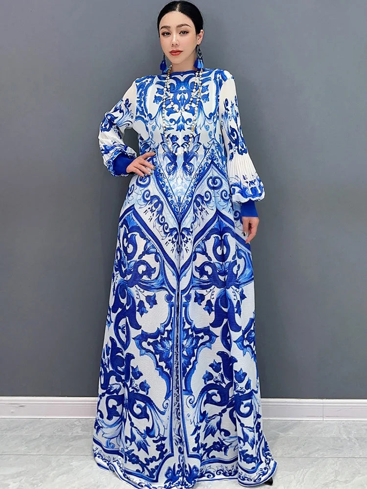 Babs SHENGPALAE Spring Autumn New Women's Dress National Porcelain Printed Chiffon Pleated Elegant Long Sleeved Dresses 5R9754