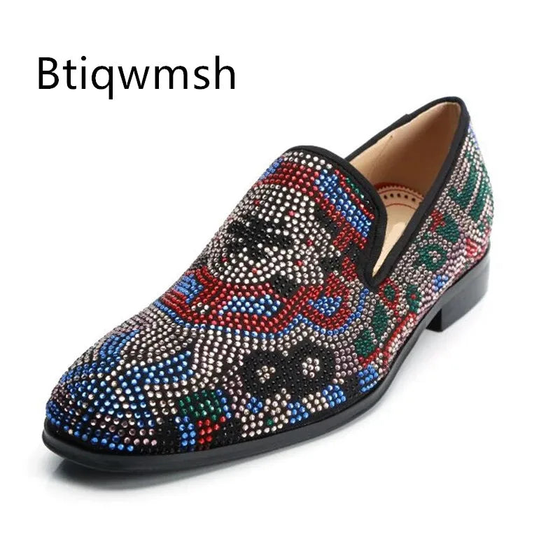 Visco Colorful Rhinestone Wedding Shoes Man Pointed Toe Real Suede Leather Slip On Flats Male Fashion Party Shoes