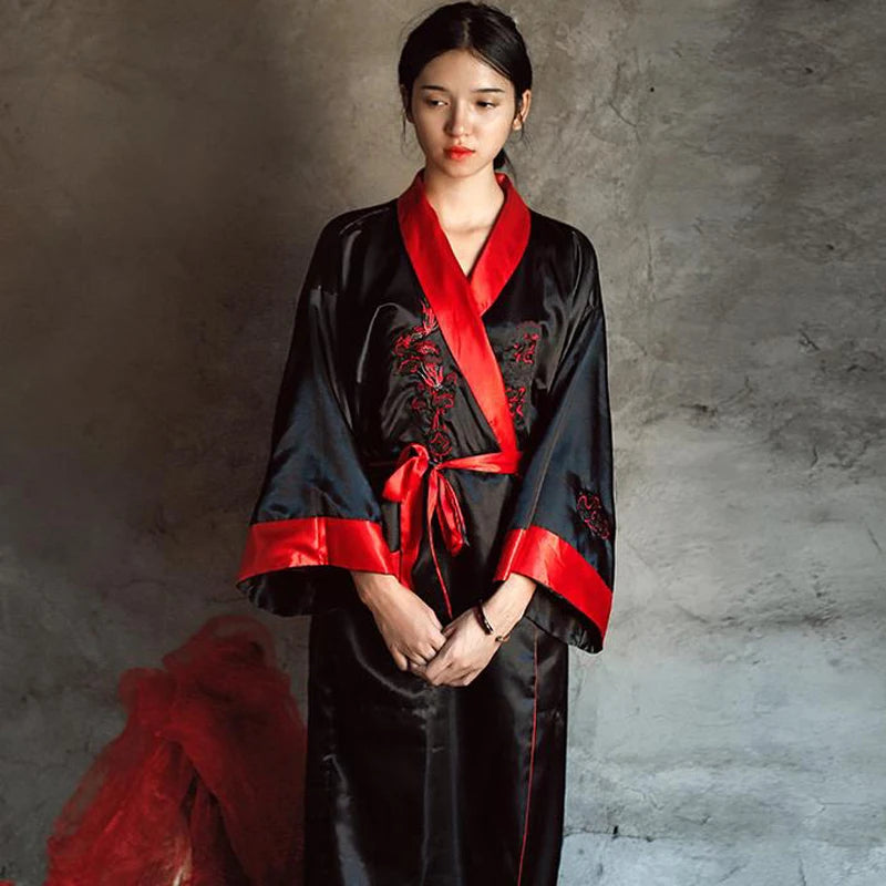 Maxy Novelty Reversible Black Red Women Kimono Yukata Satin Embroidery Dragon Nightgown One Size Robe Gown Two Side Sleepwear