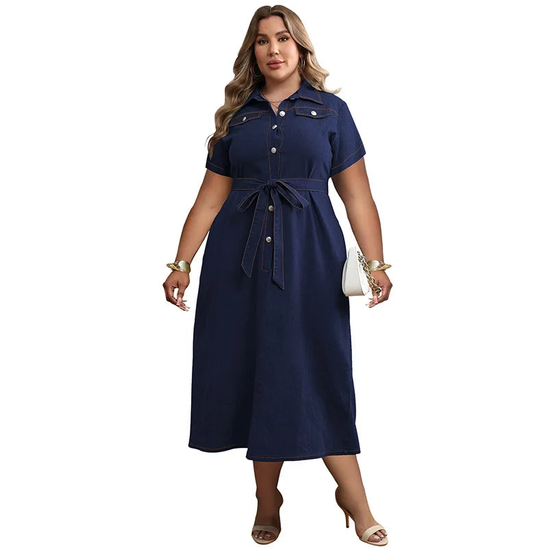 Wmstar Women Dress Elegant Lapel Collar Button Shirt Casual Solid Color Short Sleeve Tie-up Waist Fashion Plus Size Lady Dresses