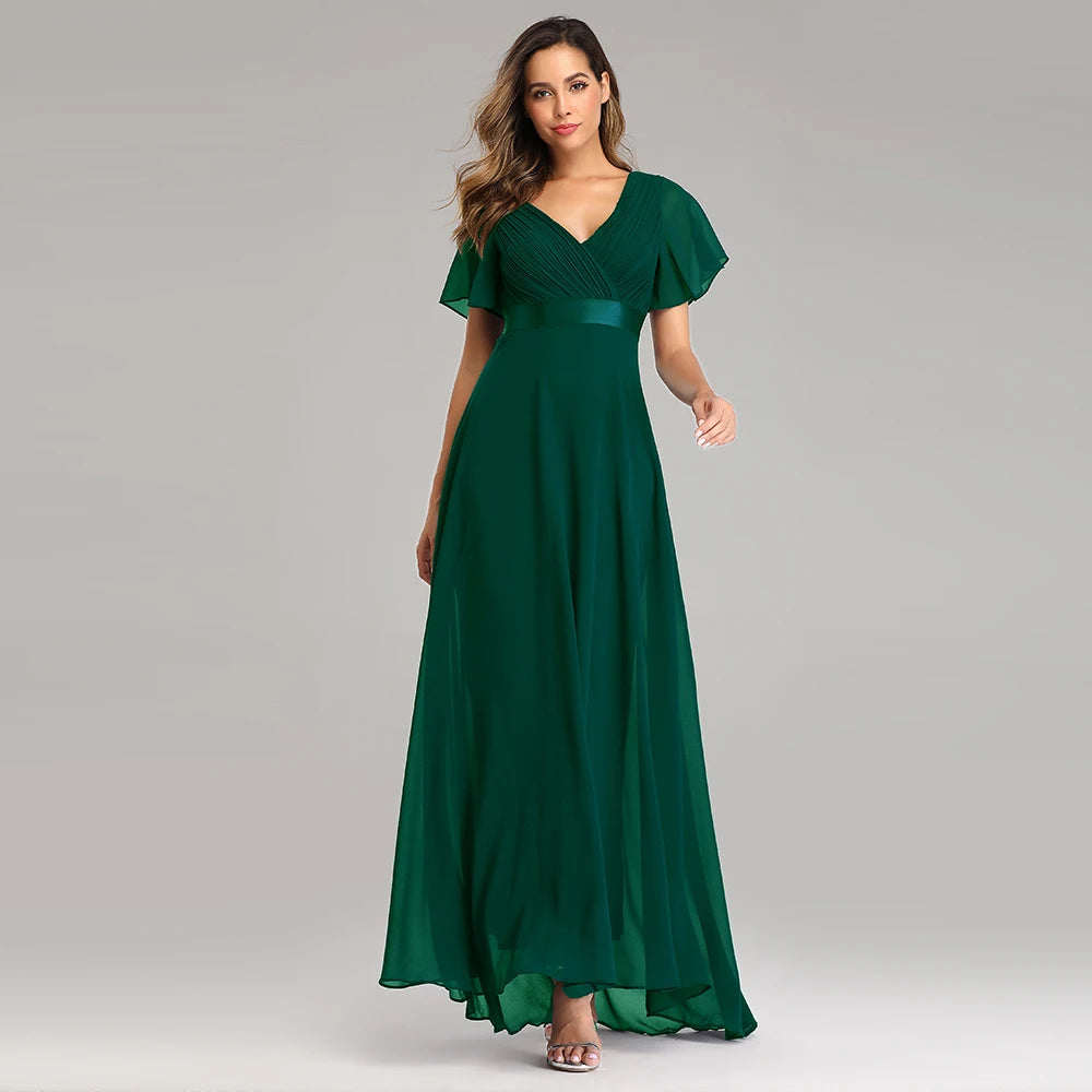 Maxy Evening Dresses XUCTHHC Elegant V-Neck Ruffles Chiffon Formal Evening Gown Robe Dress for Wedding Party