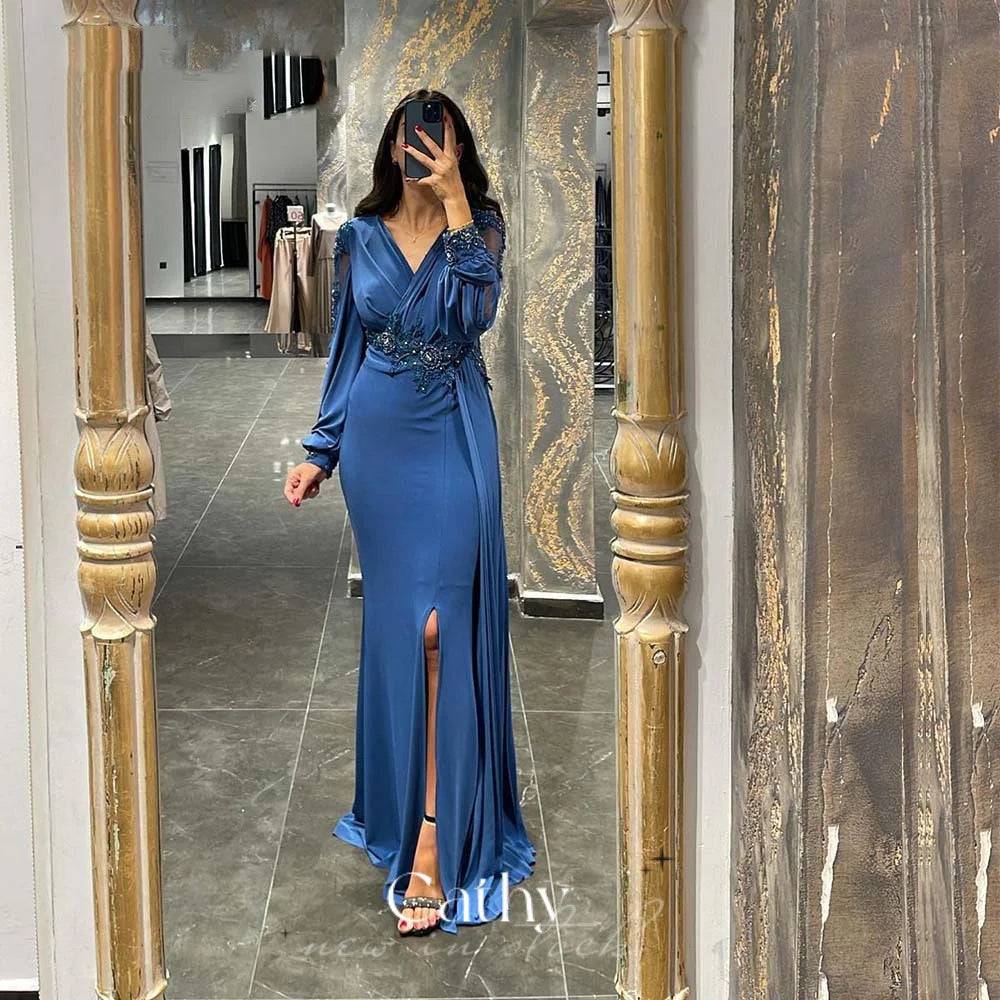 Macy Sexy Mermaid Prom Dress Silk Chiffon Evening Dress With Puffy Sleeve Blue Arabic Women Formal Prom Dress