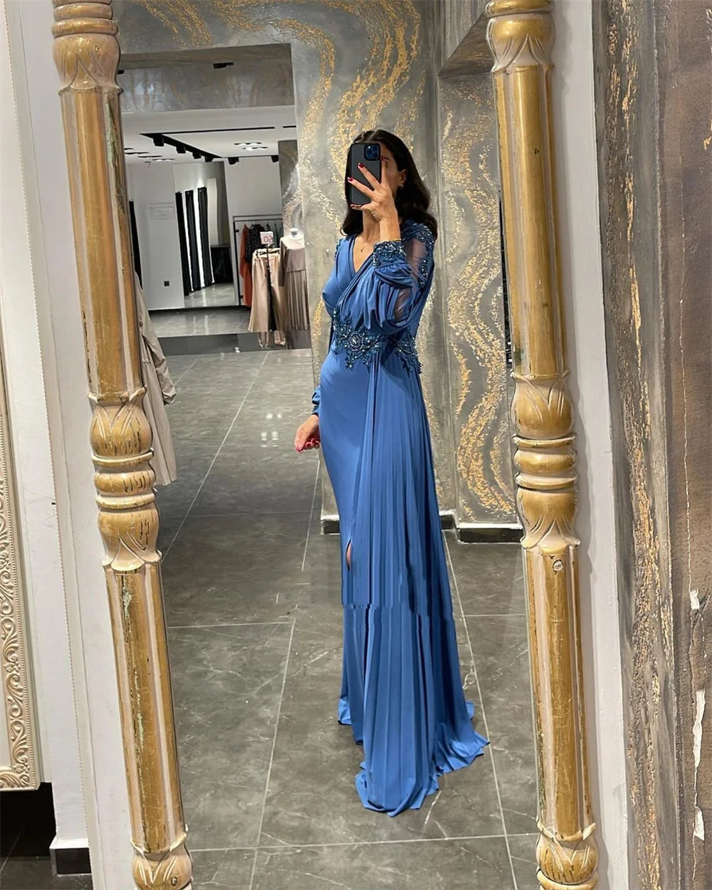 Macy Sexy Mermaid Prom Dress Silk Chiffon Evening Dress With Puffy Sleeve Blue Arabic Women Formal Prom Dress