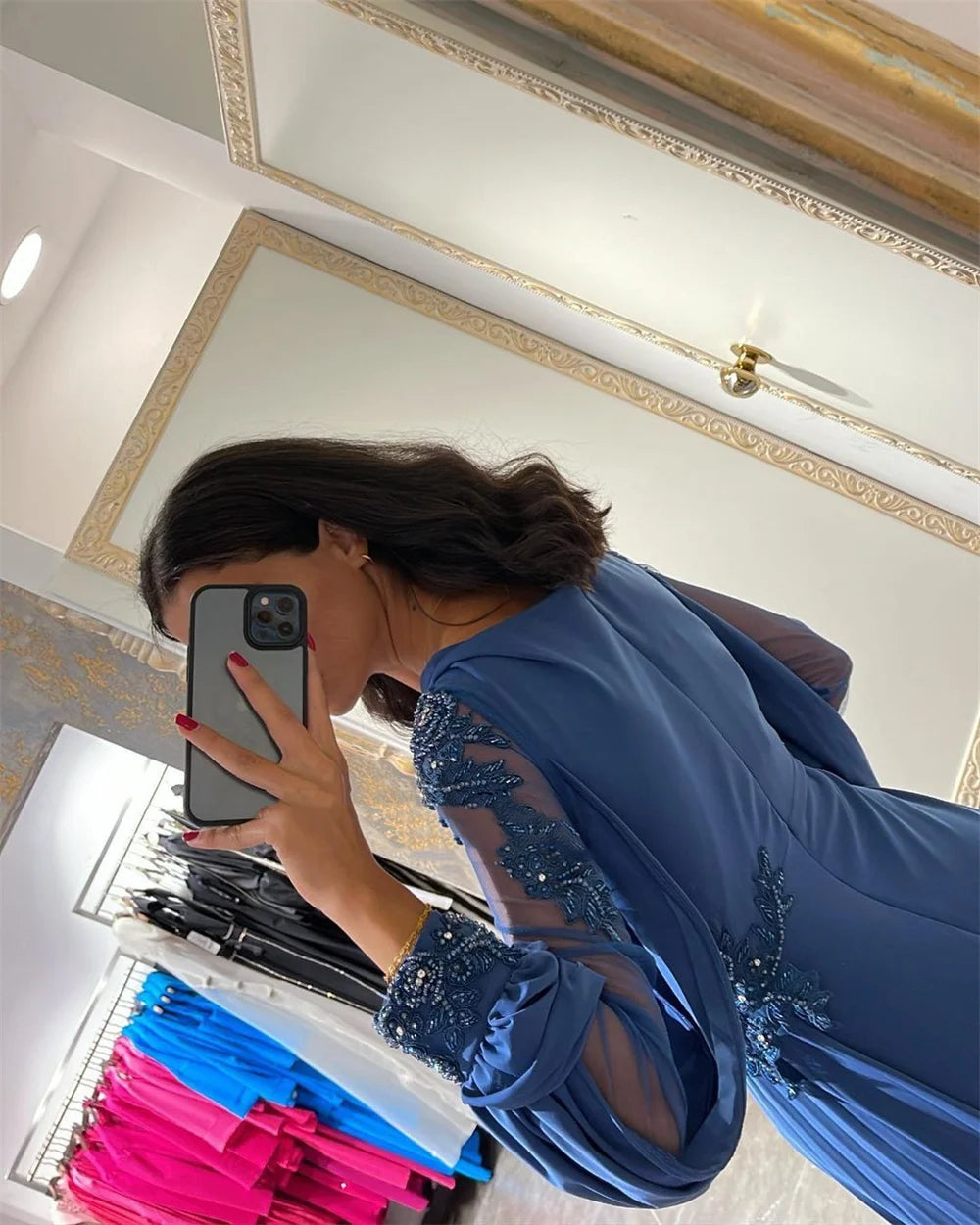 Macy Sexy Mermaid Prom Dress Silk Chiffon Evening Dress With Puffy Sleeve Blue Arabic Women Formal Prom Dress