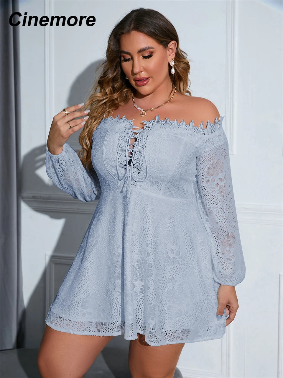 Macy Plus Size Dresses for Women Sexy Off Shoulder Lace Up A Line Mini Lace Dress Chic Elegant Woman Dress Long Sleeves 1102