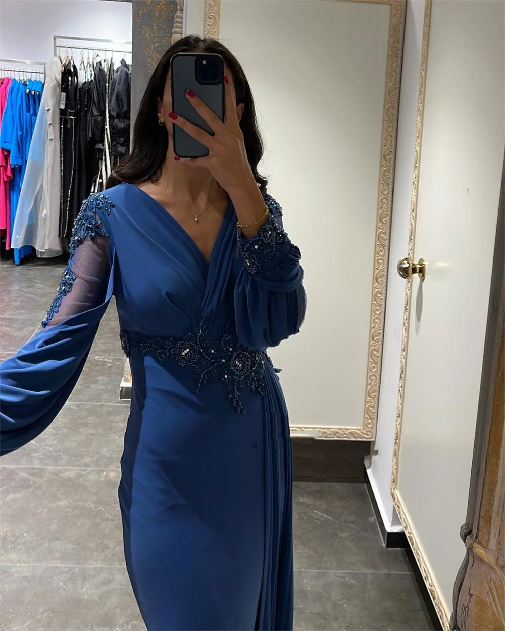 Macy Sexy Mermaid Prom Dress Silk Chiffon Evening Dress With Puffy Sleeve Blue Arabic Women Formal Prom Dress