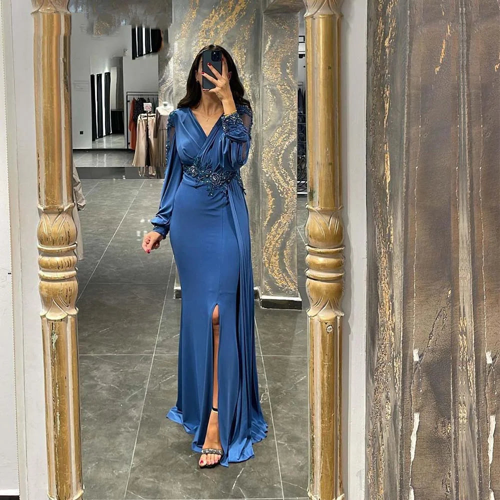 Macy Sexy Mermaid Prom Dress Silk Chiffon Evening Dress With Puffy Sleeve Blue Arabic Women Formal Prom Dress