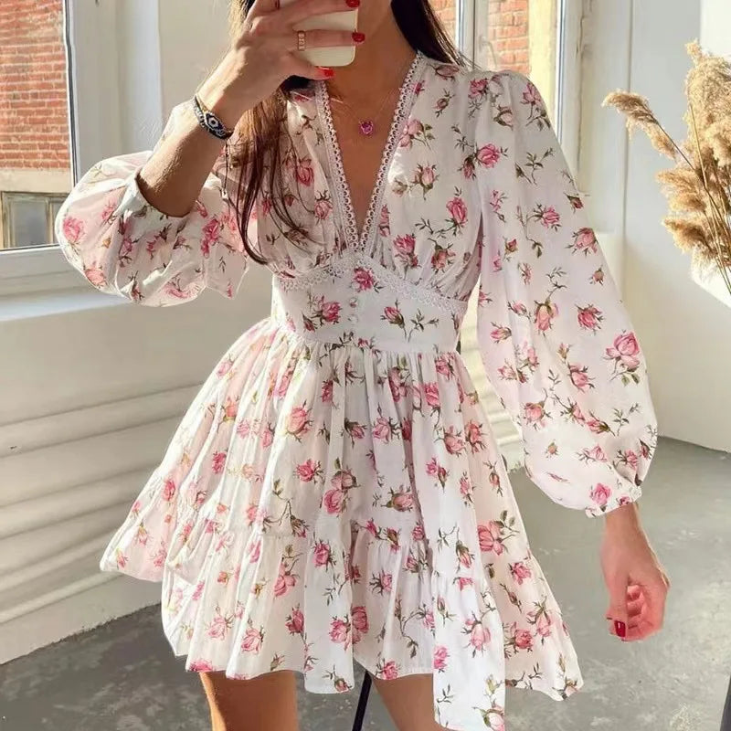 Maxy Women Floral Print Mini Dress High Waist A-Line Summer Autumn Long Sleeve V Neck Dresses Vintage Beach Vacation Casual