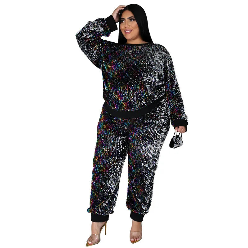 Maxy Winter Plus Size S-5XL Clothing For Women Two Piece Set Sequins Birthday Outfit Joggers Tracksuit