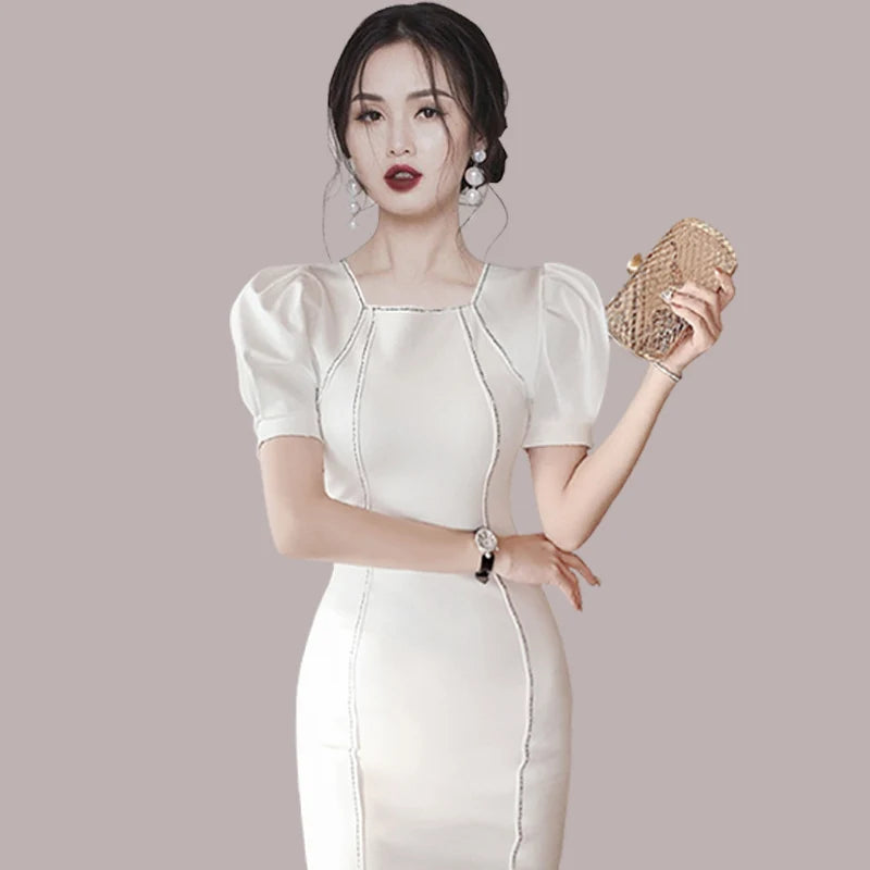 Maxy High Quality Summer Office OL Bandage Dress 2024 Elegant Women Short Puff Sleeve Square Collar White Bodycon Pencil Dress