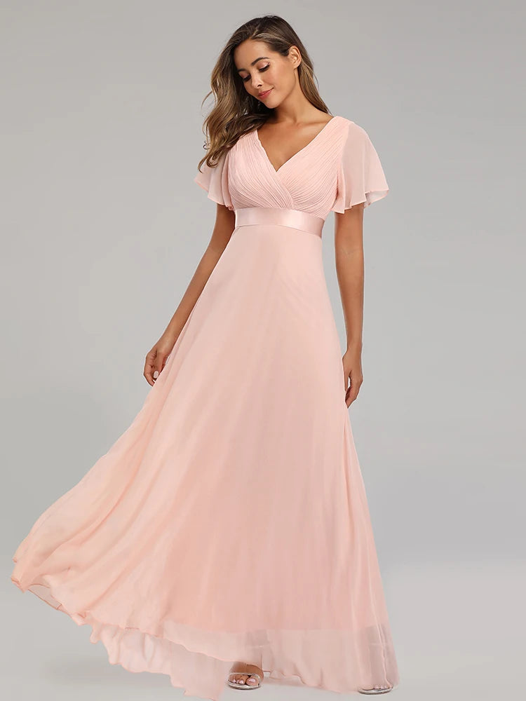 Maxy Evening Dresses XUCTHHC Elegant V-Neck Ruffles Chiffon Formal Evening Gown Robe Dress for Wedding Party