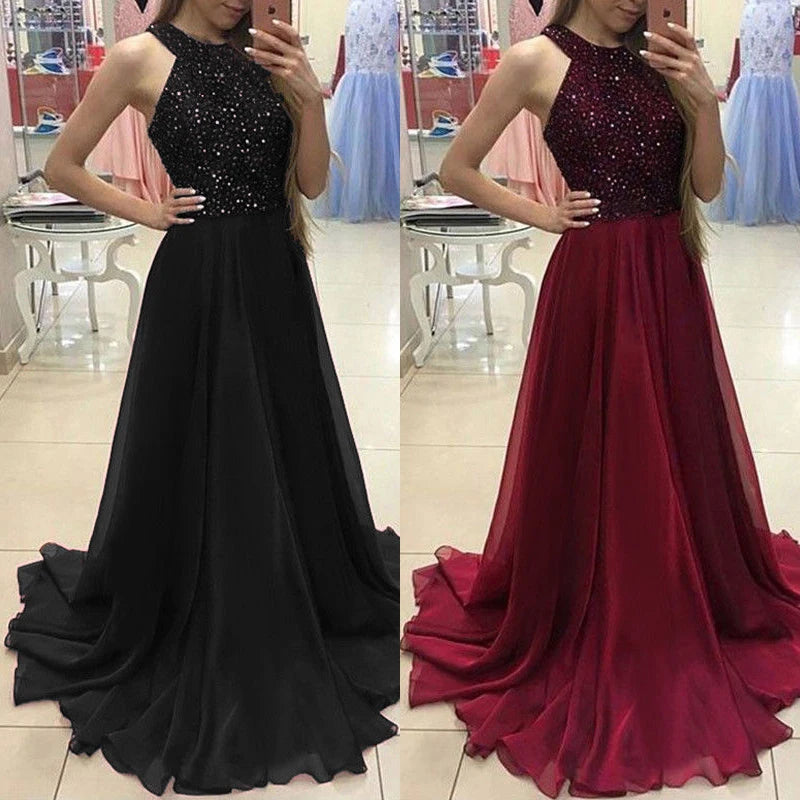 Amay Women's Retro Evening Dress Sexy Ladies Sleeveless Bodycon Sequin Tulle Long Dress Wedding Ball Gown Party Formal Dress
