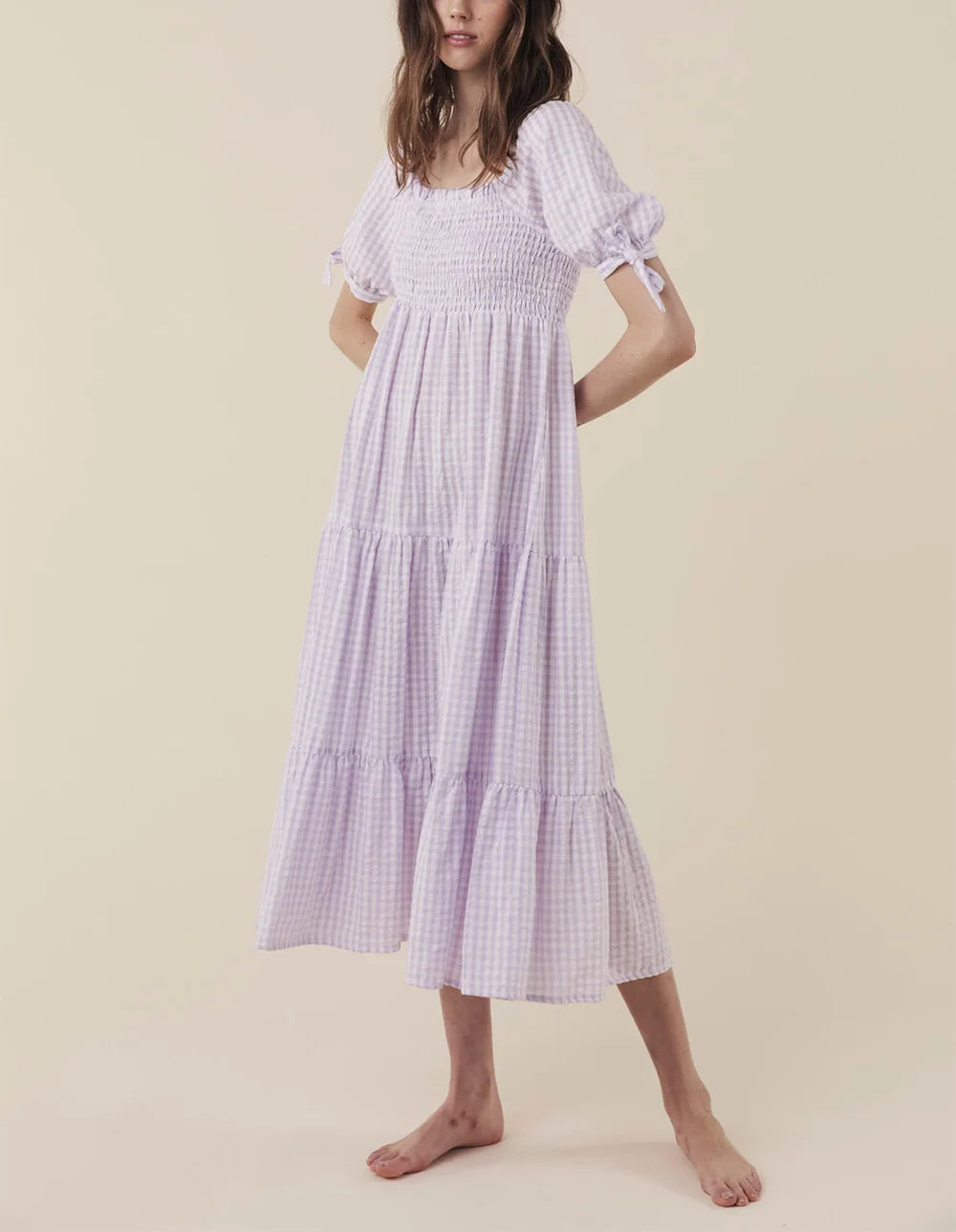 Summer Dresses For Women Short Sleeve Tie Tiered Vacation Beach Midi Dress Frill Square Neck Smocked Casual Cotton Gingham Dress