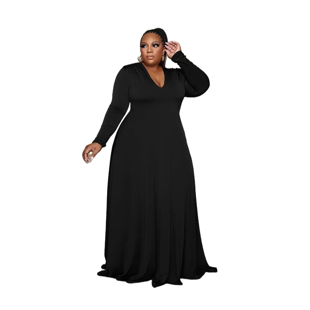 Maxy Plus Size Party Dresses Women Clothing 2024 V Neck Long Sleeve Solid Loose Elegant Maxy Dresses