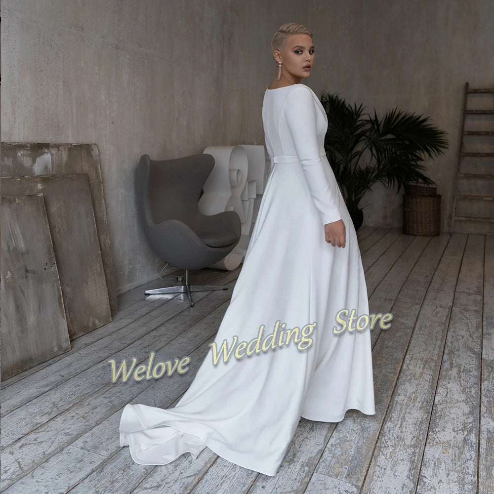 Babs Plus Size Wedding Dress For Woman Long Sleeve 2024 Pleat Simple White Bridal Gown V Neck Custom A Line