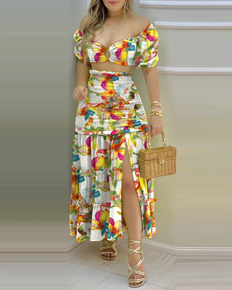 Summer Fashion Holiday Floral Print O Neck Crop Top Shirr +Slit High Waist Women Maxi Skirt Sets 2022 Female Fashion New