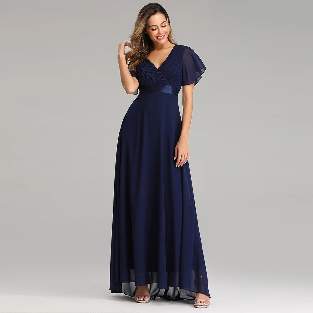 Maxy Evening Dresses XUCTHHC Elegant V-Neck Ruffles Chiffon Formal Evening Gown Robe Dress for Wedding Party