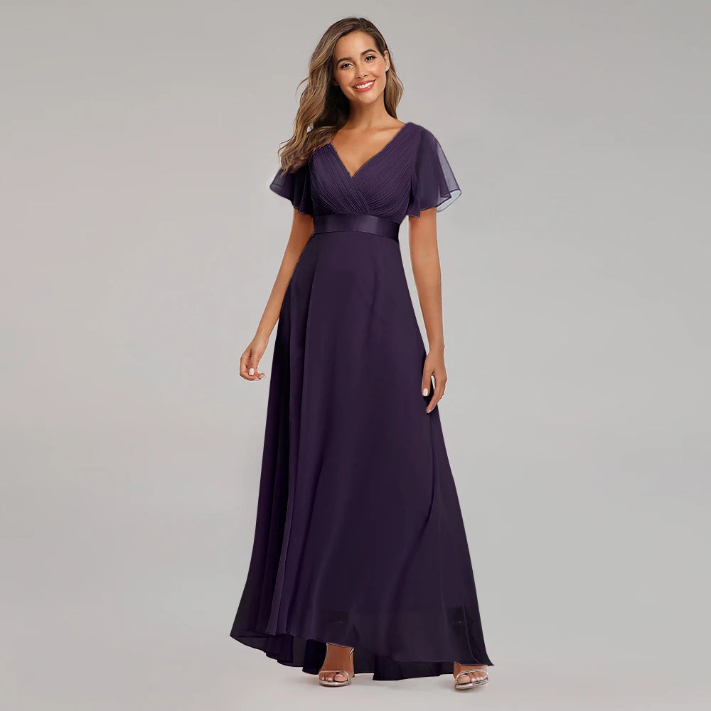 Maxy Evening Dresses XUCTHHC Elegant V-Neck Ruffles Chiffon Formal Evening Gown Robe Dress for Wedding Party