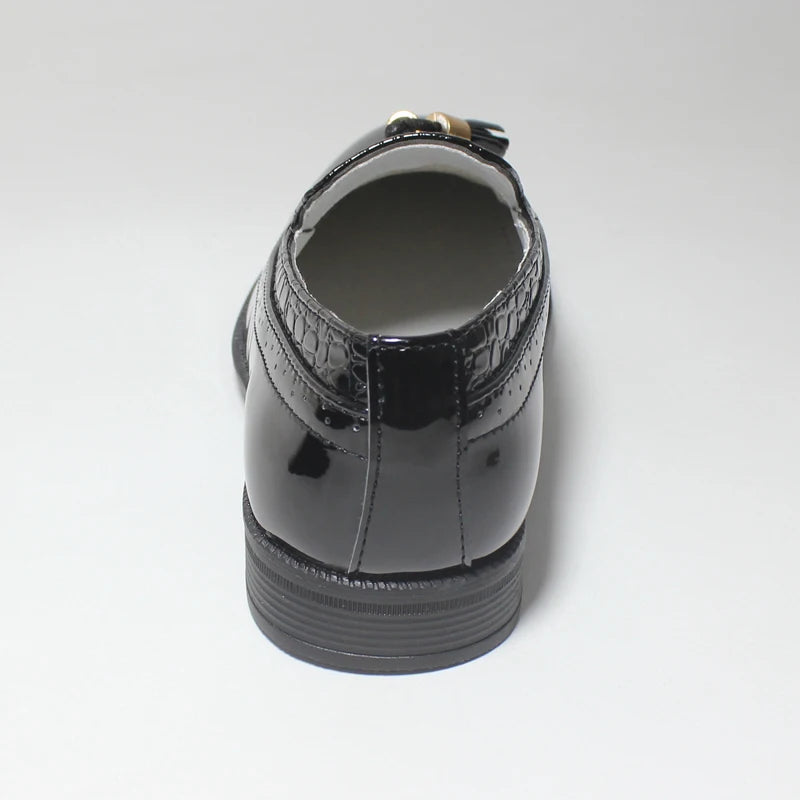 Visco Boys Leather Shoes Kids Formal Shoes For Party Wedding Dress Black Patent Leather Slip on Round Toes Tassel Performance Oxfords