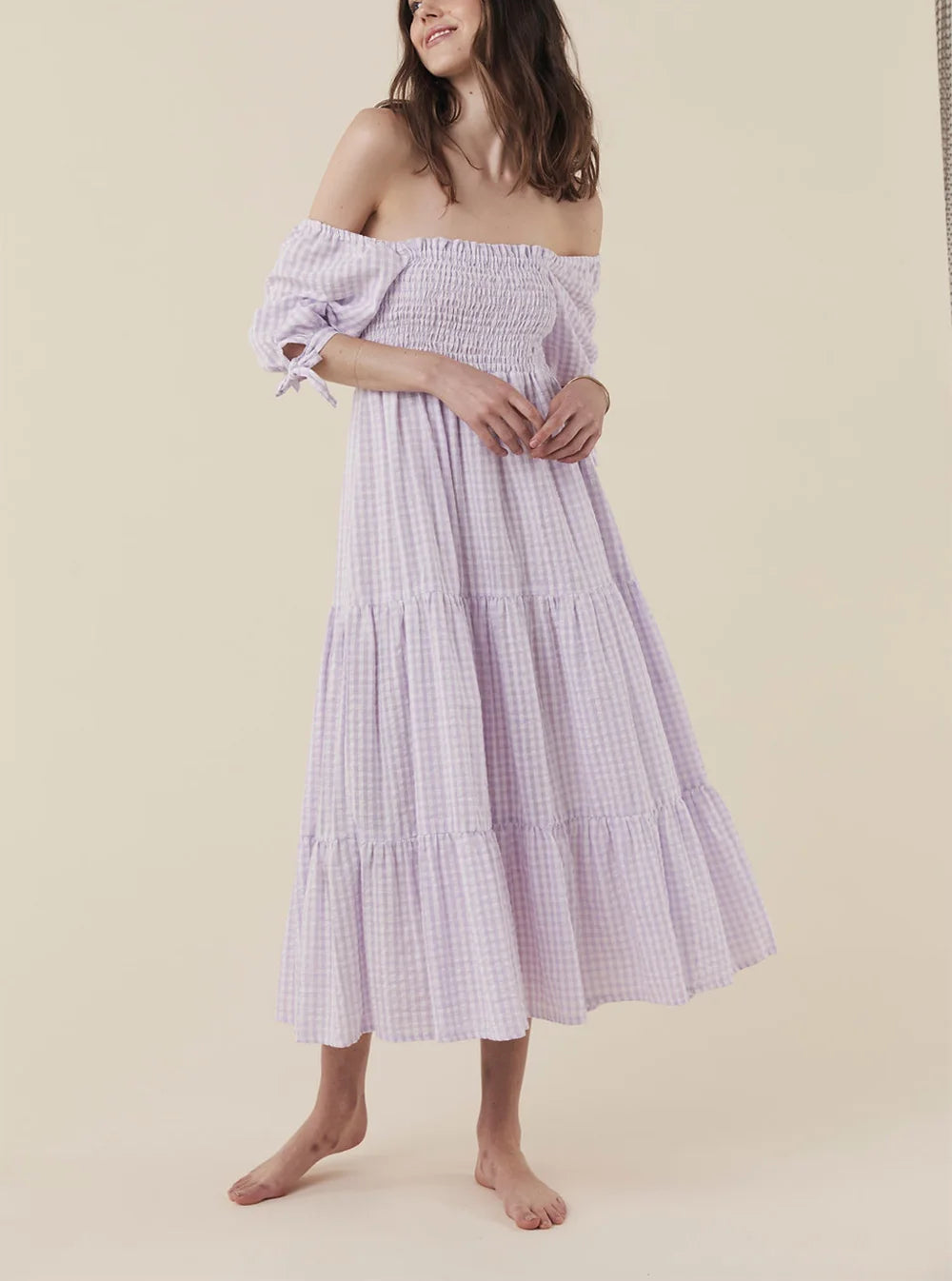 Summer Dresses For Women Short Sleeve Tie Tiered Vacation Beach Midi Dress Frill Square Neck Smocked Casual Cotton Gingham Dress