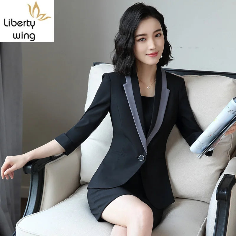 Babs Hot Sale Korean Slim Fit Half Sleeve Blazer Coat Sleeveless Dress 2 Pieces Set Business Office Lady Suits Plus Size S-4XL