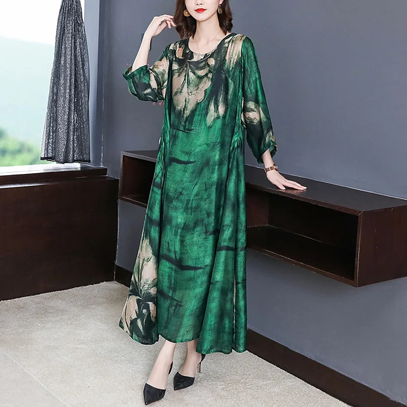 Maxy 2024 Loose Casual Print Mulberry Silk Dress Spring Summer Vintage 4XL Plus Size Dress Elegant Women Bodycon Party dress