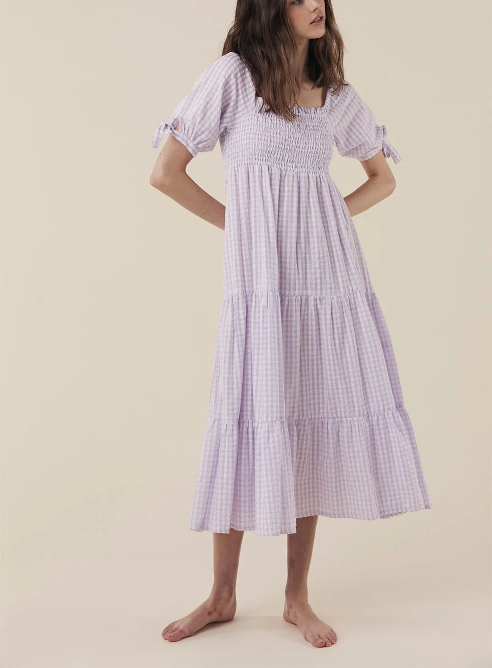 Summer Dresses For Women Short Sleeve Tie Tiered Vacation Beach Midi Dress Frill Square Neck Smocked Casual Cotton Gingham Dress