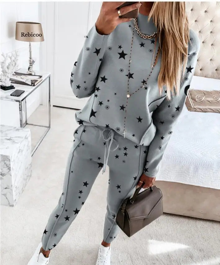 Babs New sports suit women's star print top + pants suit casual fashion trend two-piece suit