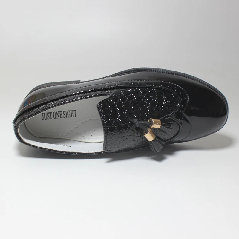 Visco Boys Leather Shoes Kids Formal Shoes for Party Wedding Dress Black Patent Leather Slip on Round Toes Tassel Performance Oxfords