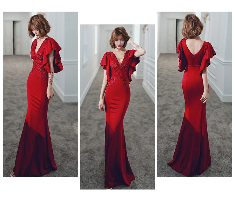 Momsey Burgundy Babs Party Dress Women V Neck Elegant Slim Mermaid Dresses Beading Floor Length Engagement Gowns Formal Fishtail Dress