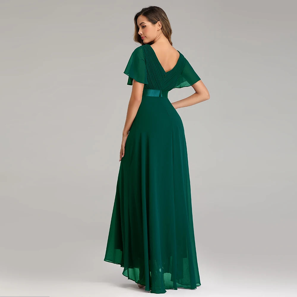Maxy Evening Dresses XUCTHHC Elegant V-Neck Ruffles Chiffon Formal Evening Gown Robe Dress for Wedding Party
