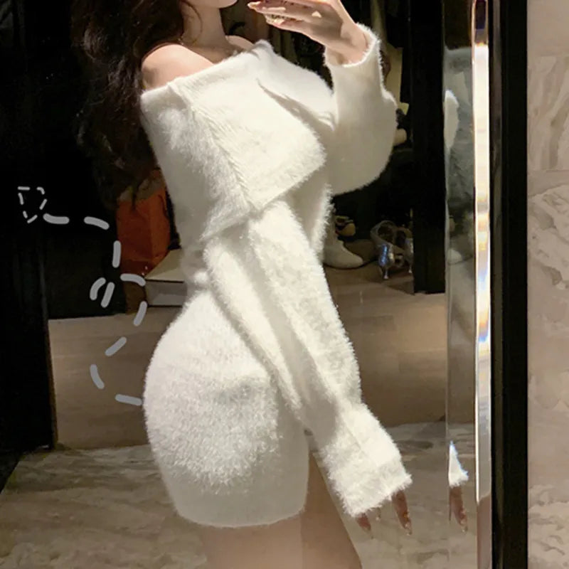 Babs New Sweater Dress Women Pullover Solid Color Korean Fashion Sexy Off Shoulder Bodycon Mini Robe Femme