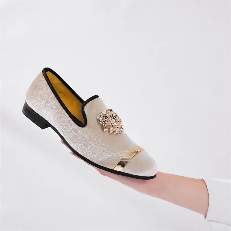 Visco Men Party Dinner Formal Shoes Fashion Gentleman Wedding Dress Shoes for Men Casual Shoes Beige Velvet Loafers