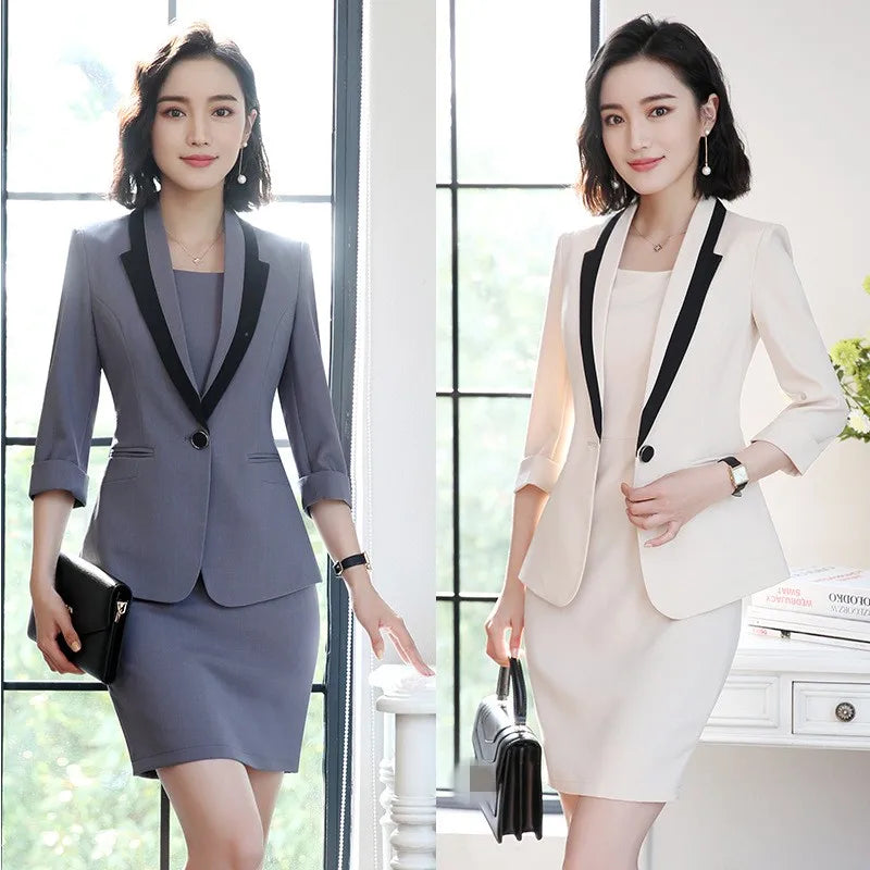 Babs Hot Sale Korean Slim Fit Half Sleeve Blazer Coat Sleeveless Dress 2 Pieces Set Business Office Lady Suits Plus Size S-4XL