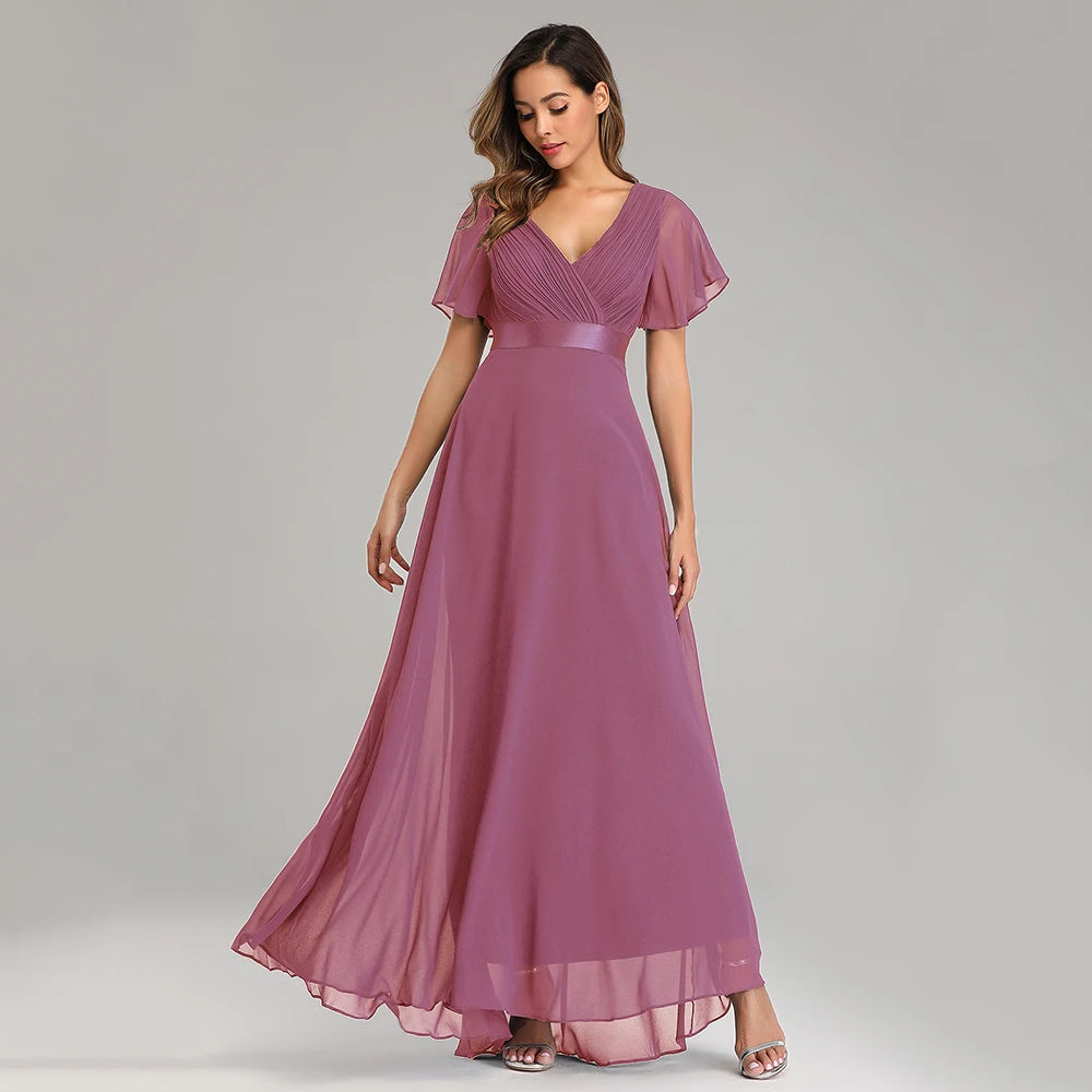 Maxy Evening Dresses XUCTHHC Elegant V-Neck Ruffles Chiffon Formal Evening Gown Robe Dress for Wedding Party