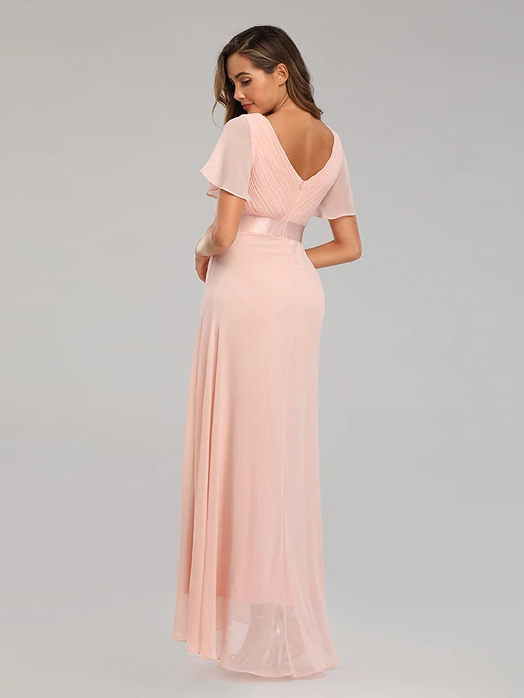 Maxy Evening Dresses XUCTHHC Elegant V-Neck Ruffles Chiffon Formal Evening Gown Robe Dress for Wedding Party