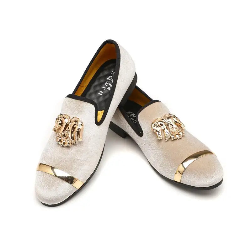 Visco Men Party Dinner Formal Shoes Fashion Gentleman Wedding Dress Shoes for Men Casual Shoes Beige Velvet Loafers