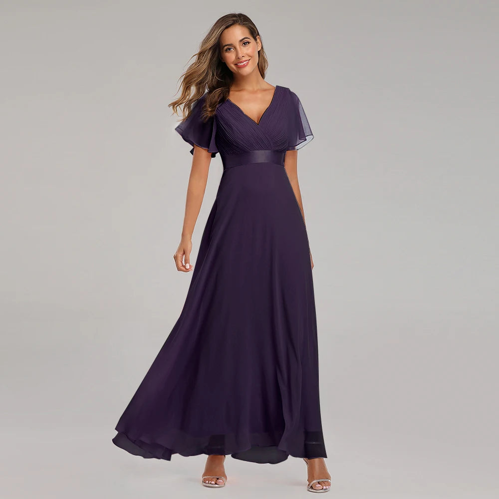 Maxy Evening Dresses XUCTHHC Elegant V-Neck Ruffles Chiffon Formal Evening Gown Robe Dress for Wedding Party