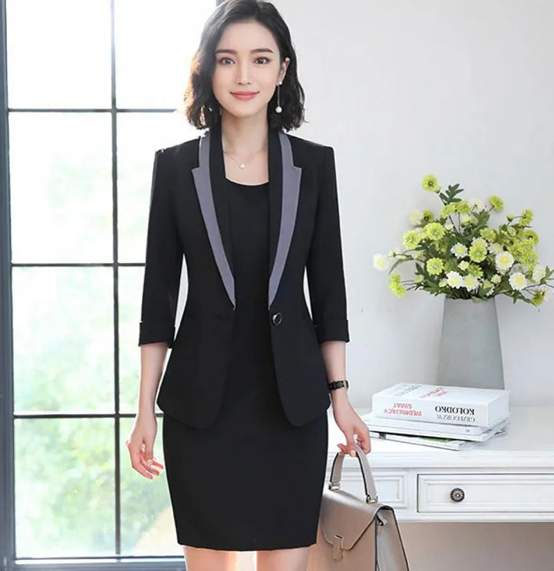 Babs Hot Sale Korean Slim Fit Half Sleeve Blazer Coat Sleeveless Dress 2 Pieces Set Business Office Lady Suits Plus Size S-4XL