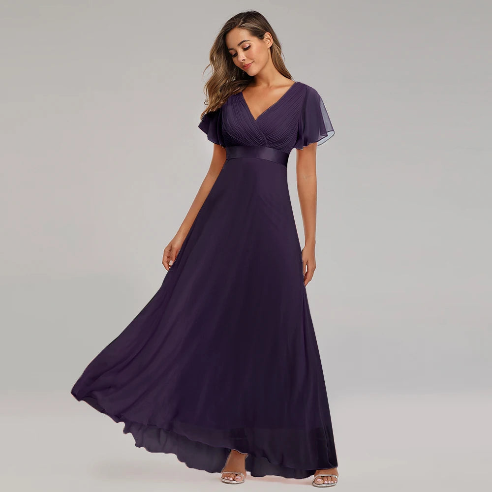 Maxy Evening Dresses XUCTHHC Elegant V-Neck Ruffles Chiffon Formal Evening Gown Robe Dress for Wedding Party
