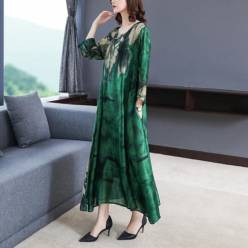 Maxy 2024 Loose Casual Print Mulberry Silk Dress Spring Summer Vintage 4XL Plus Size Dress Elegant Women Bodycon Party dress